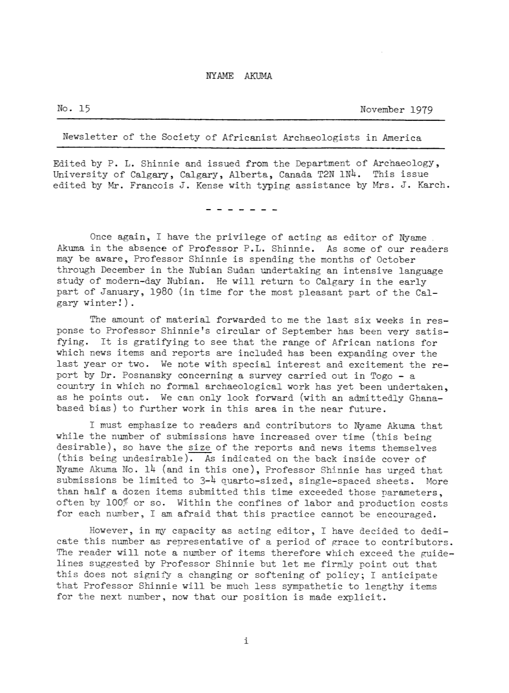 NYAME AKUMA No. 15 November 1979 Newsletter of the Society Of