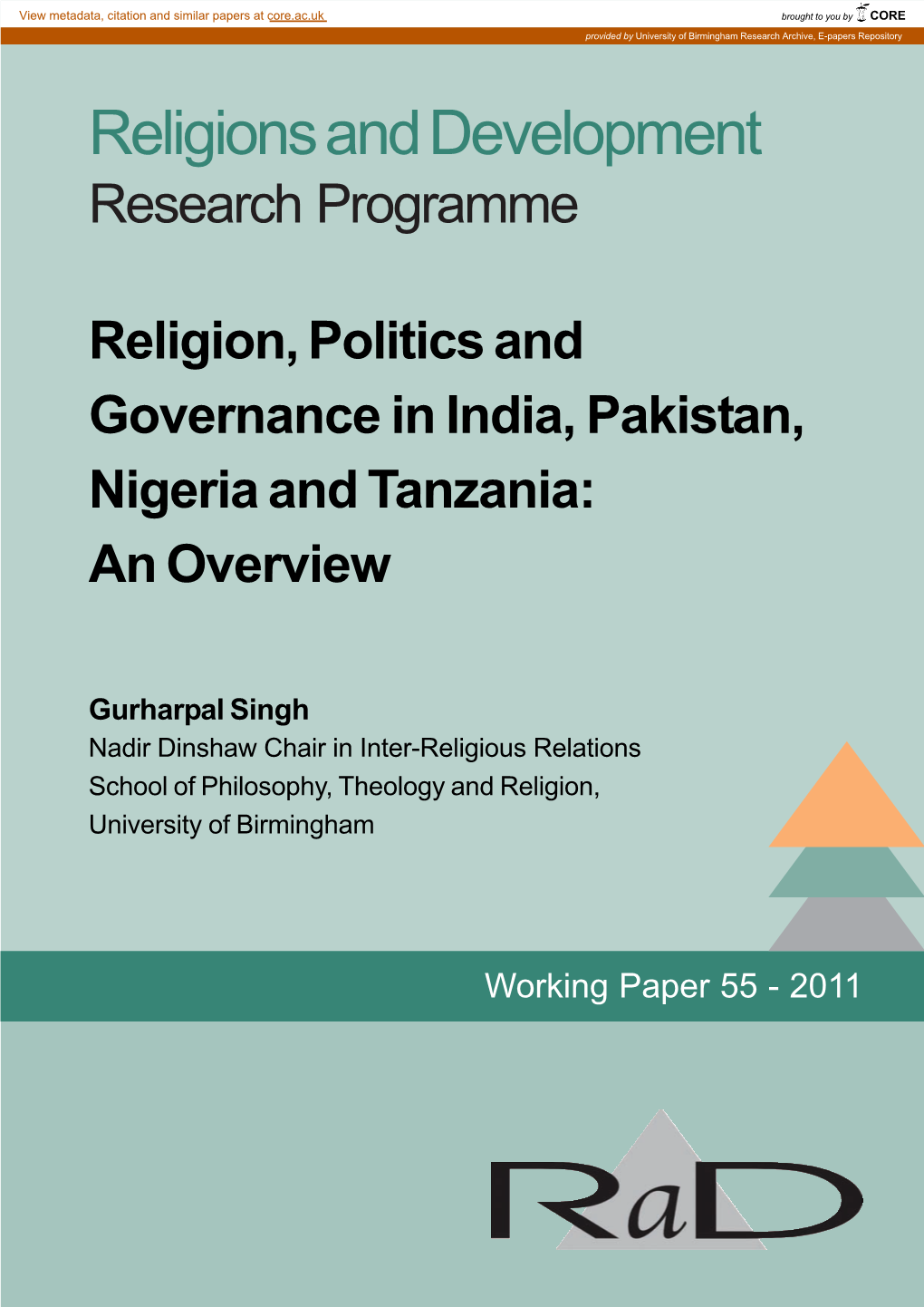Religion, Politics and Governance in India, Pakistan, Nigeria and Tanzania: an Overview