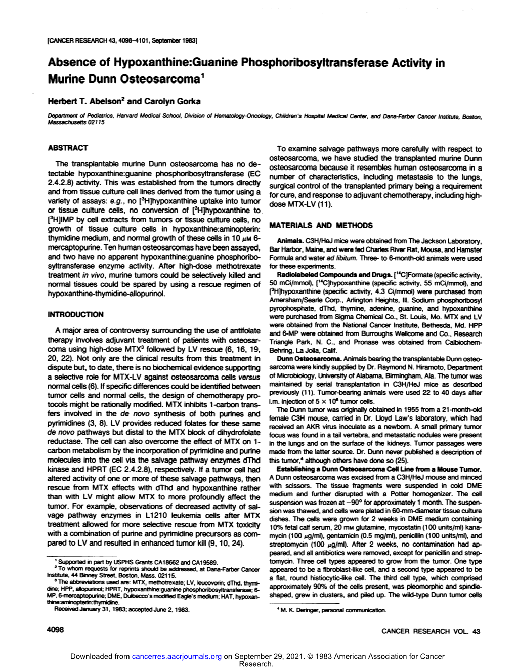 Absence of Hypoxanthine:Guanine Phosphoribosyltransferase Activity in Murine Dunn Osteosarcoma1