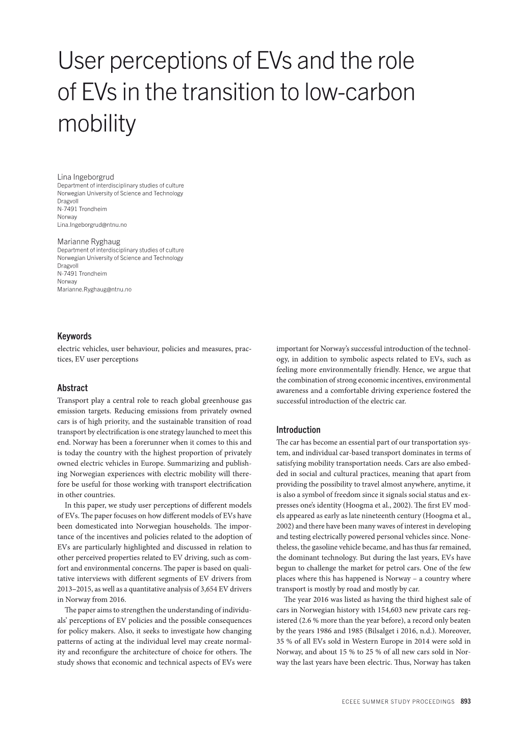 User Perceptions of Evs and the Role of Evs in the Transition to Low-Carbon Mobility