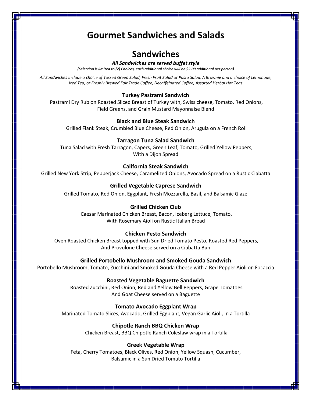 Catering Menu: Gourmet Sandwiches and Salads