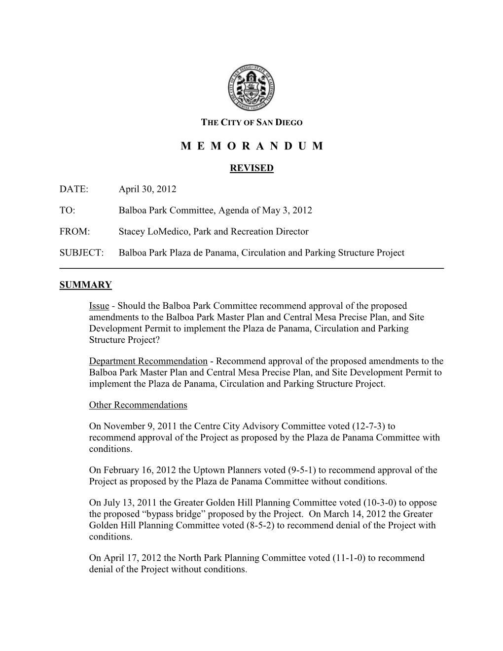 Balboa Park Committee, Agenda of May 3, 2012