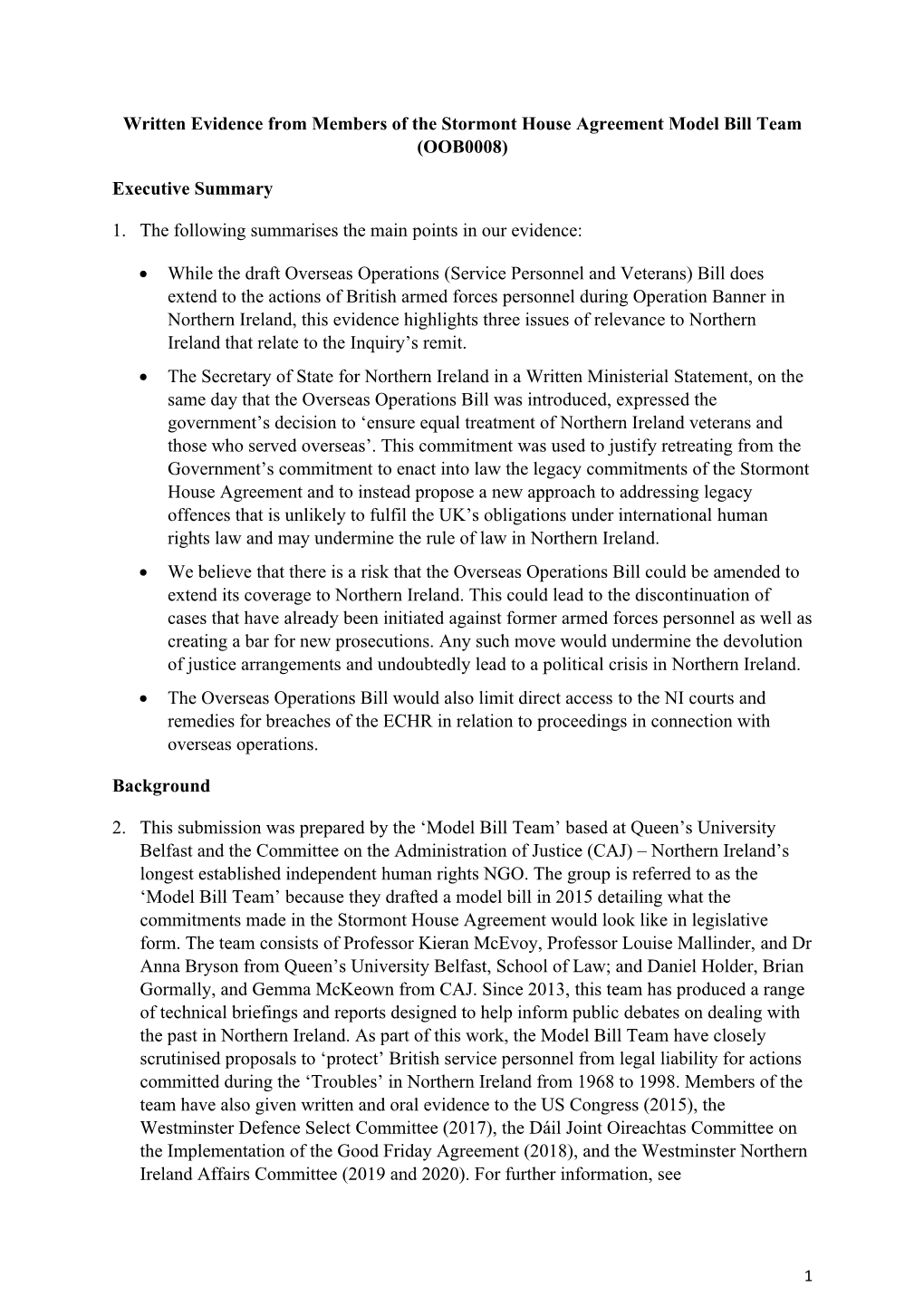 Written Evidence from Members of the Stormont House Agreement Model Bill Team (OOB0008)