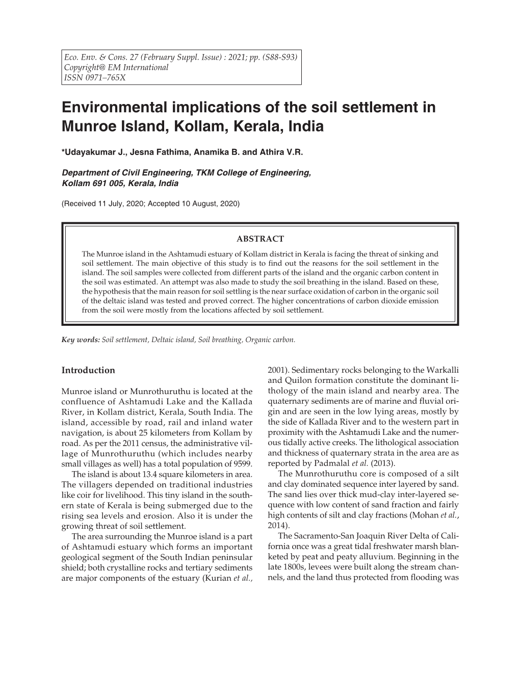 Environmental Implications of the Soil Settlement in Munroe Island, Kollam, Kerala, India