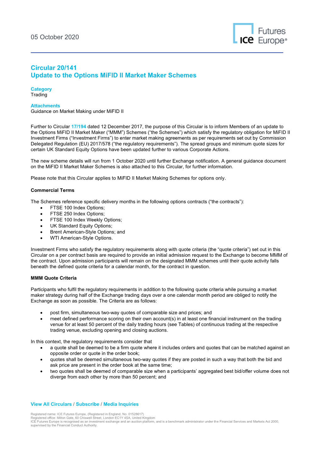 05 October 2020 Circular 20/141 Update to the Options Mifid II