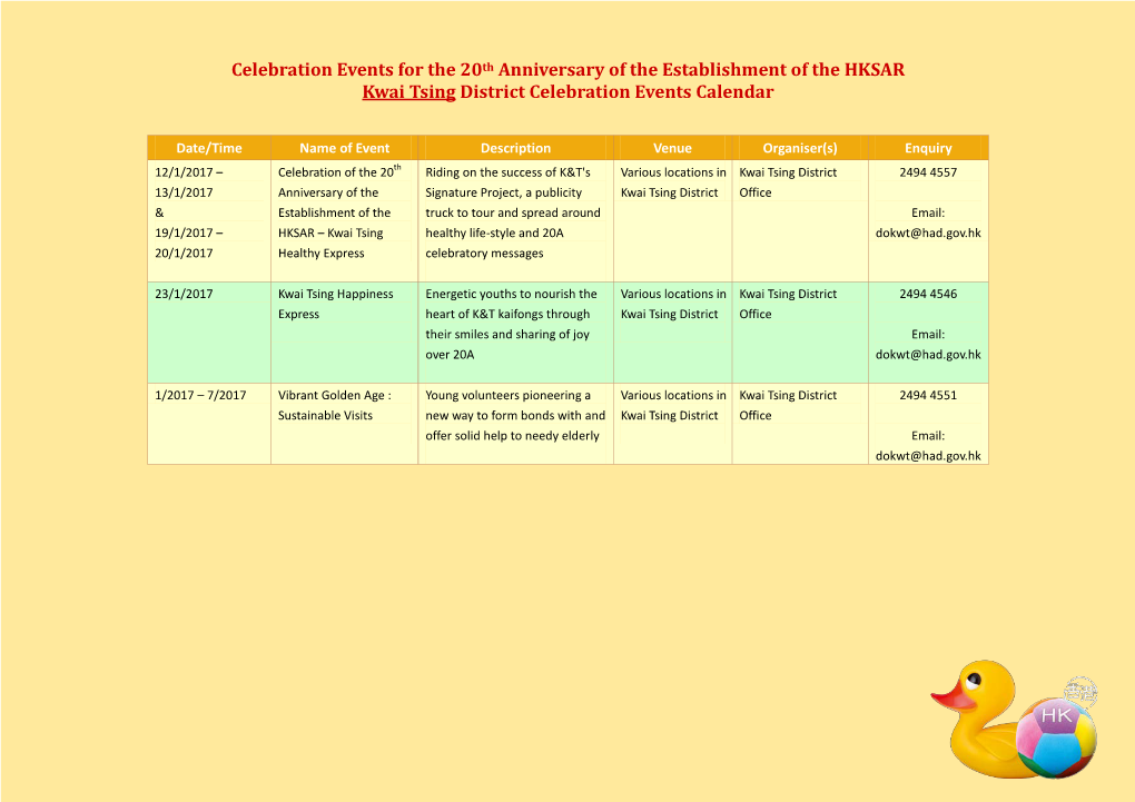 Celebration Events for the 20Th Anniversary of the Establishment of the HKSAR Kwai Tsing District Celebration Events Calendar
