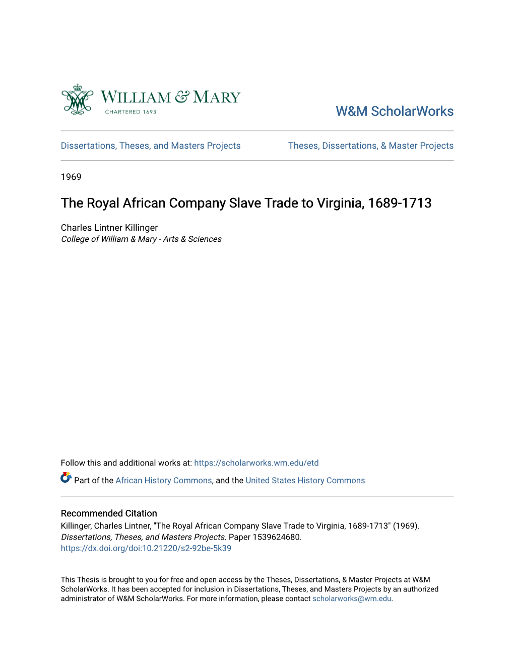 The Royal African Company Slave Trade to Virginia, 1689-1713