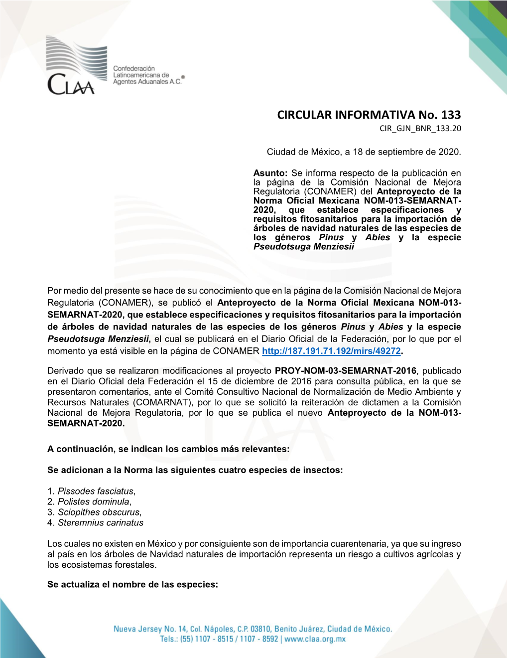 CIRCULAR INFORMATIVA No. 133 CIR GJN BNR 133.20