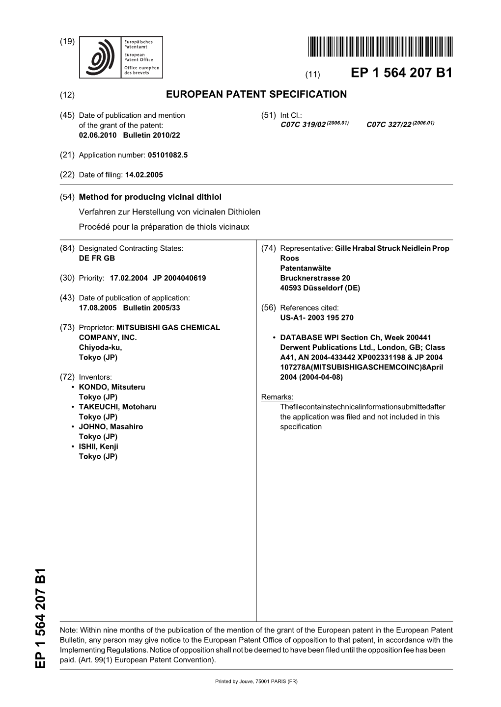 Method for Producing Vicinal Dithiol Verfahren Zur Herstellung Von Vicinalen Dithiolen Procédé Pour La Préparation De Thiols Vicinaux