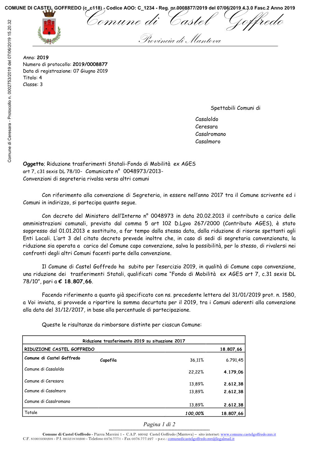 COMUNE DI CASTEL Goffredocomune (C C118) - Codice AOO: C 1234 Di - Reg.Castel Nr.0008877/2019 Del 07/06/2019Goffredo 4.3.0 Fasc.2 Anno 2019 Provincia Di Mantova