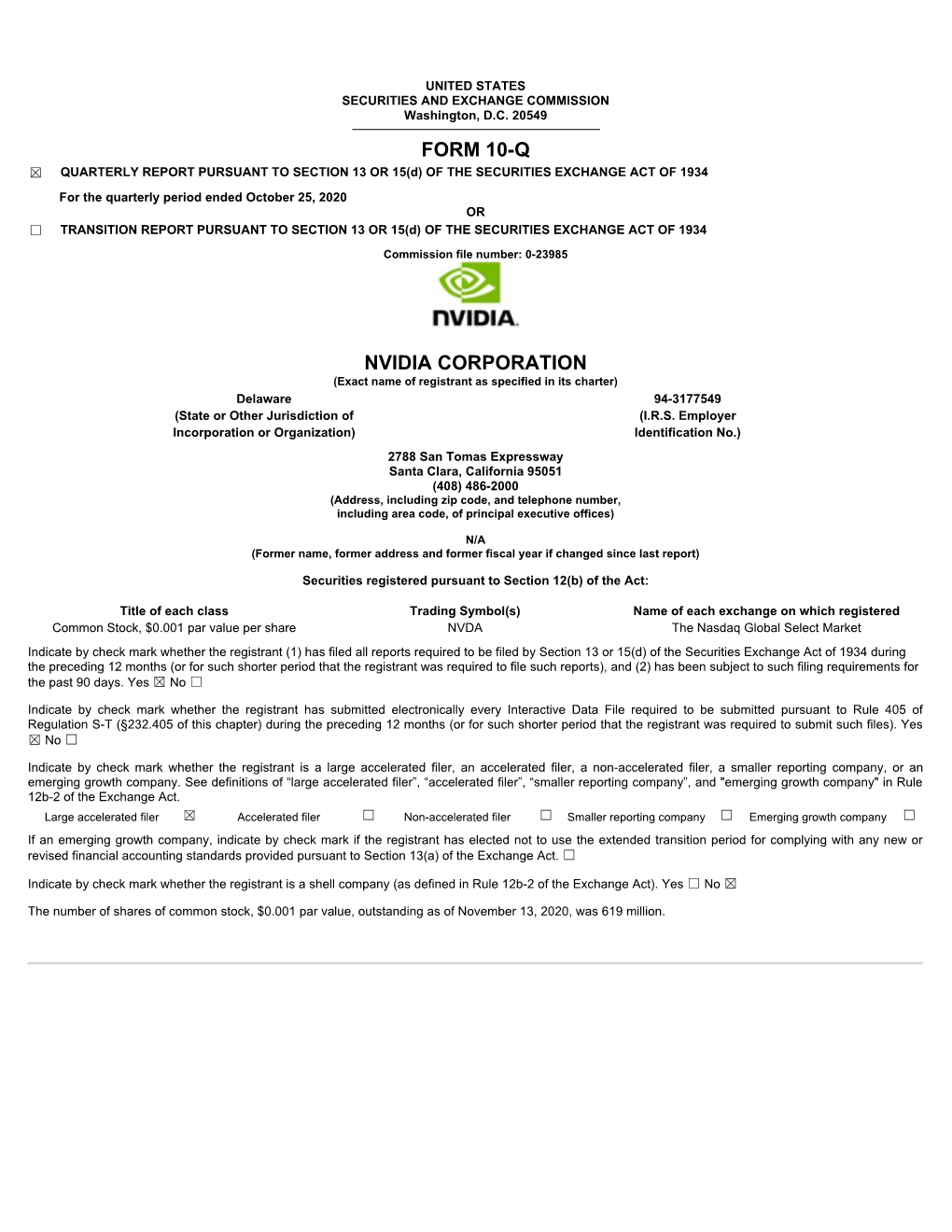 Form 10-Q Nvidia Corporation
