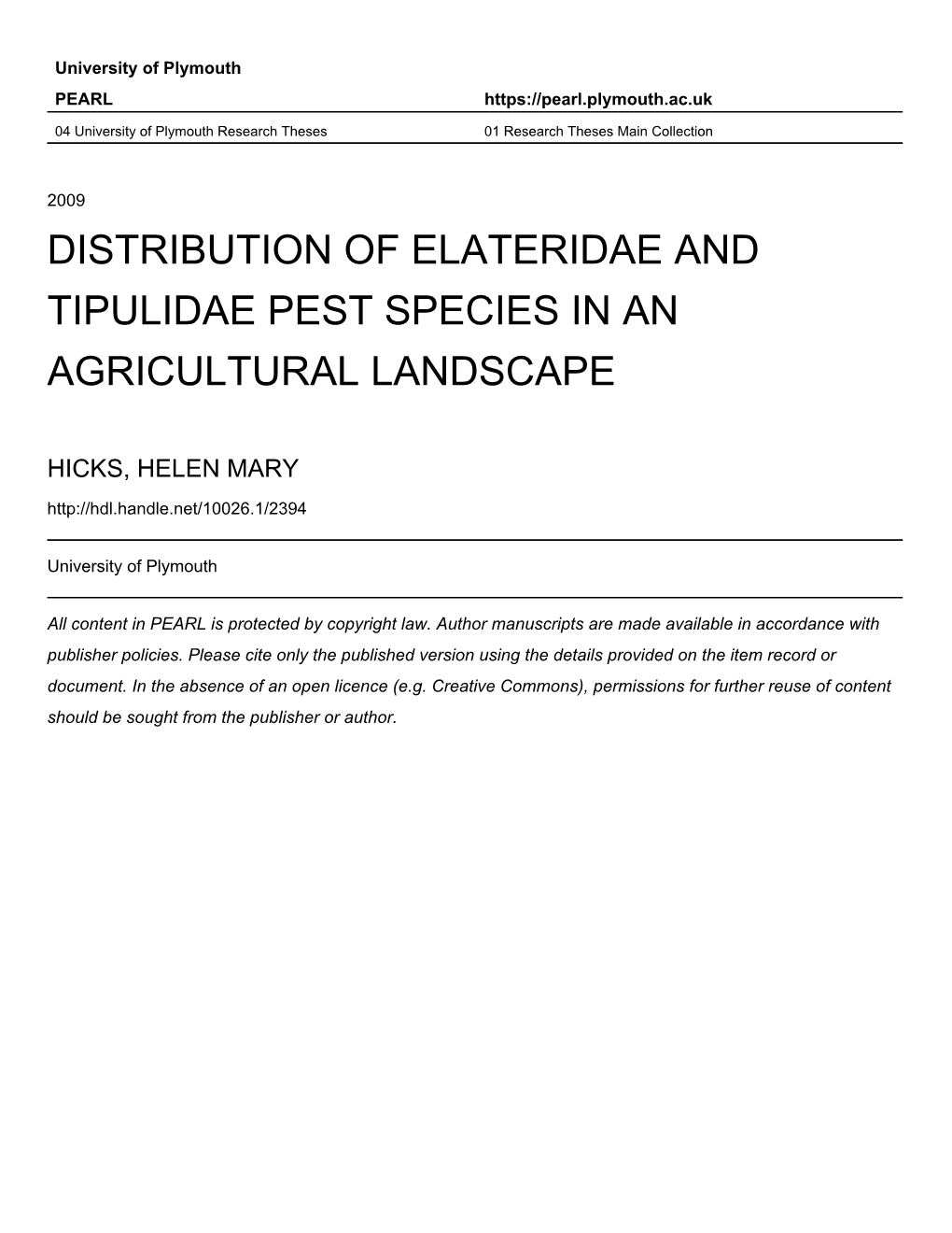 Distribution of Elateridae and Tipulidae Pest Species in an Agricultural Landscape