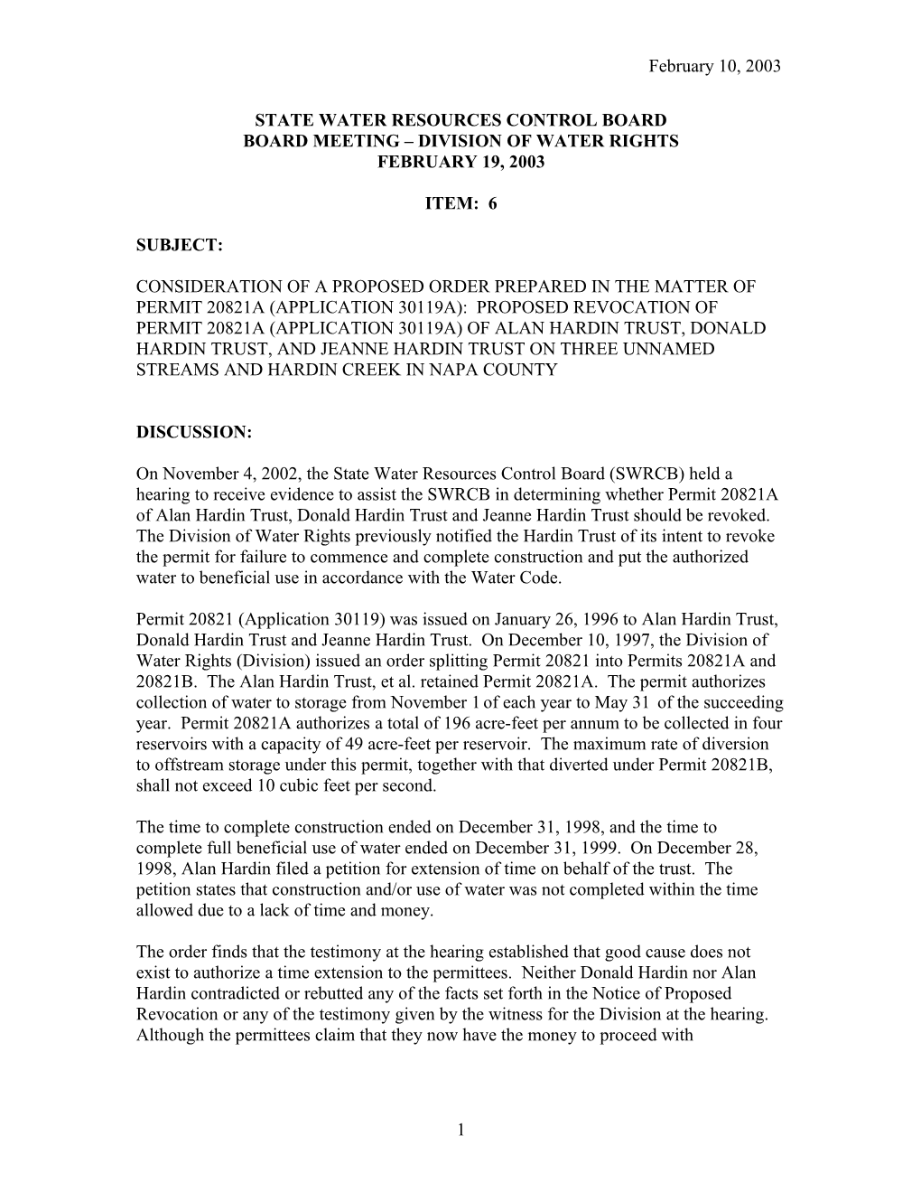 Draft Order Re Hardin Turst/Napa County