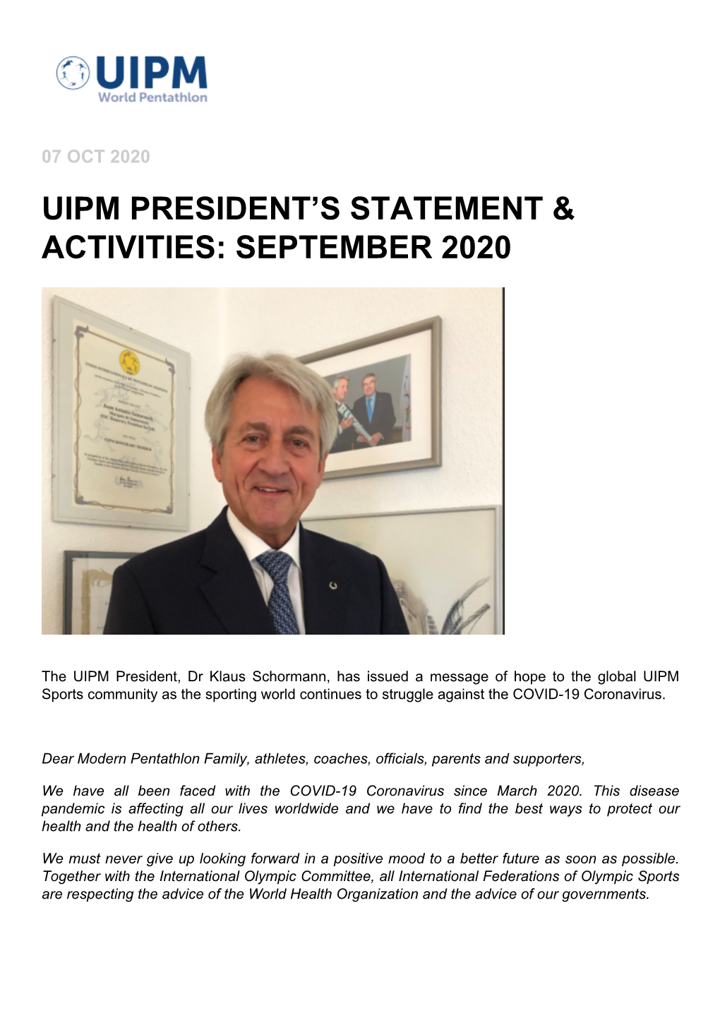 Uipm President's Statement & Activities: September 2020