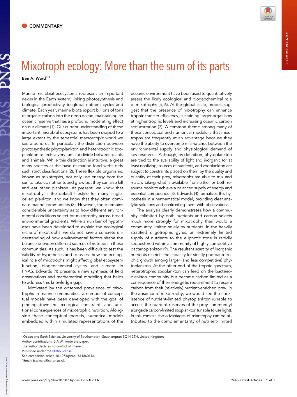 Mixotroph Ecology: More Than the Sum of Its Parts COMMENTARY Ben A