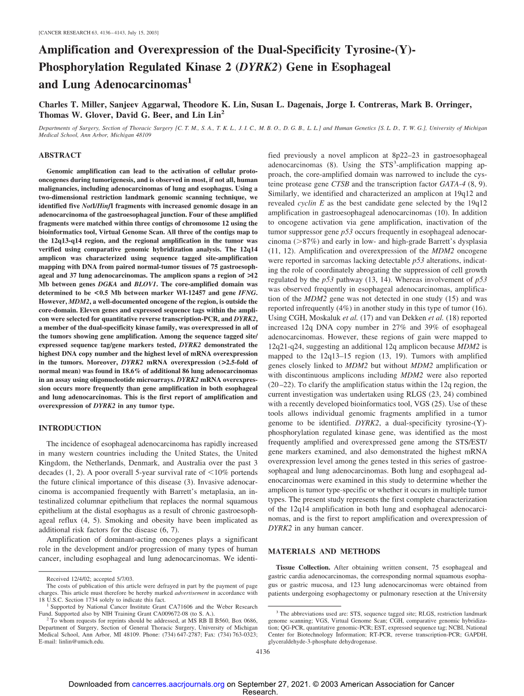 Amplification and Overexpression of the Dual-Specificity Tyrosine-(Y)- Phosphorylation Regulated Kinase 2 (DYRK2) Gene in Esophageal and Lung Adenocarcinomas1