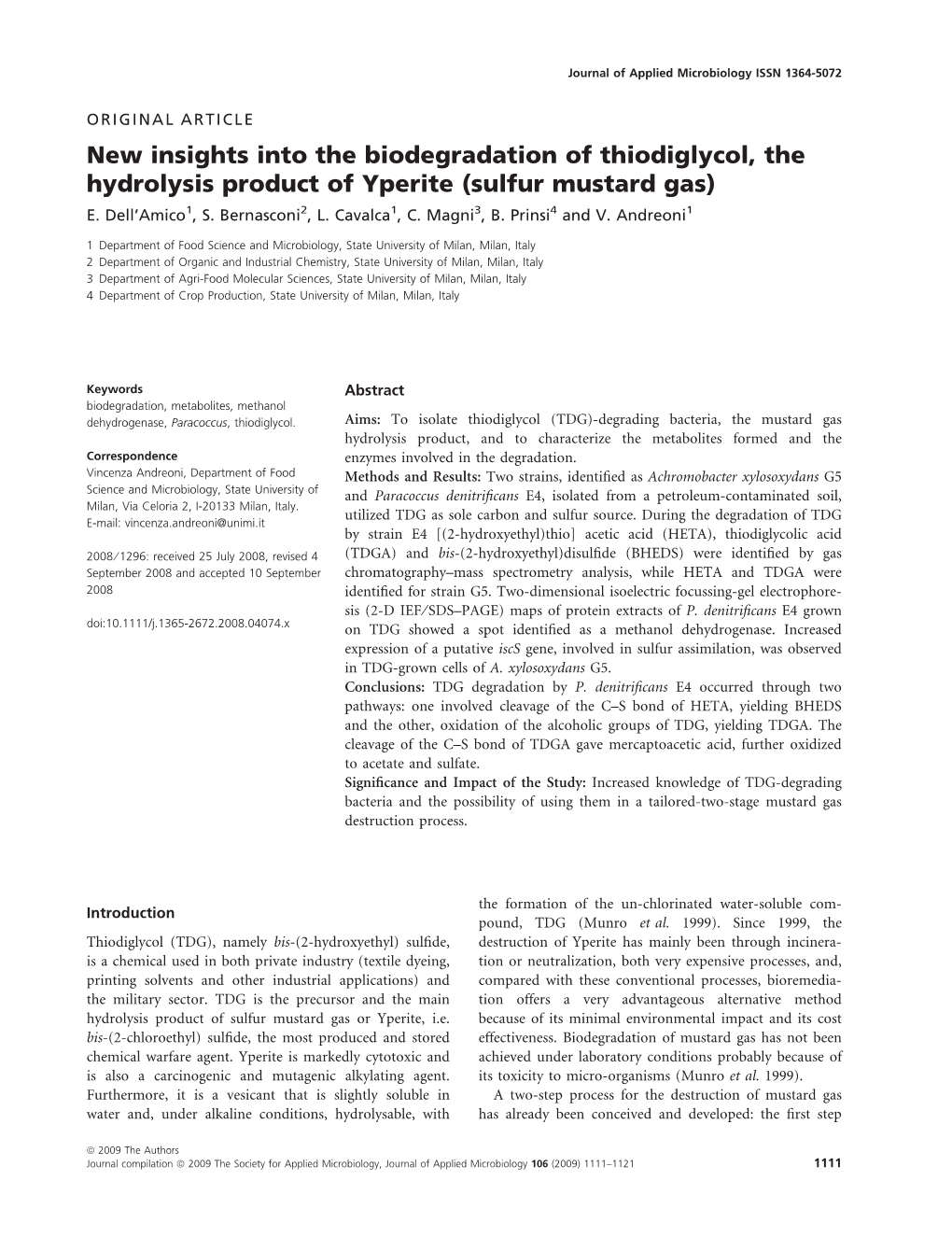 New Insights Into the Biodegradation of Thiodiglycol, the Hydrolysis Product of Yperite (Sulfur Mustard Gas) E