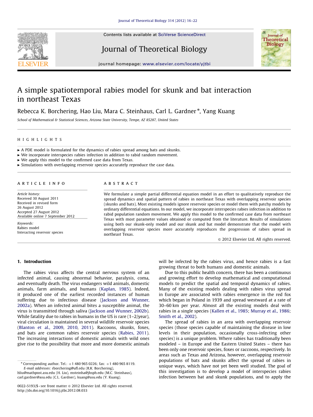 A Simple Spatiotemporal Rabies Model for Skunk and Bat Interaction in Northeast Texas