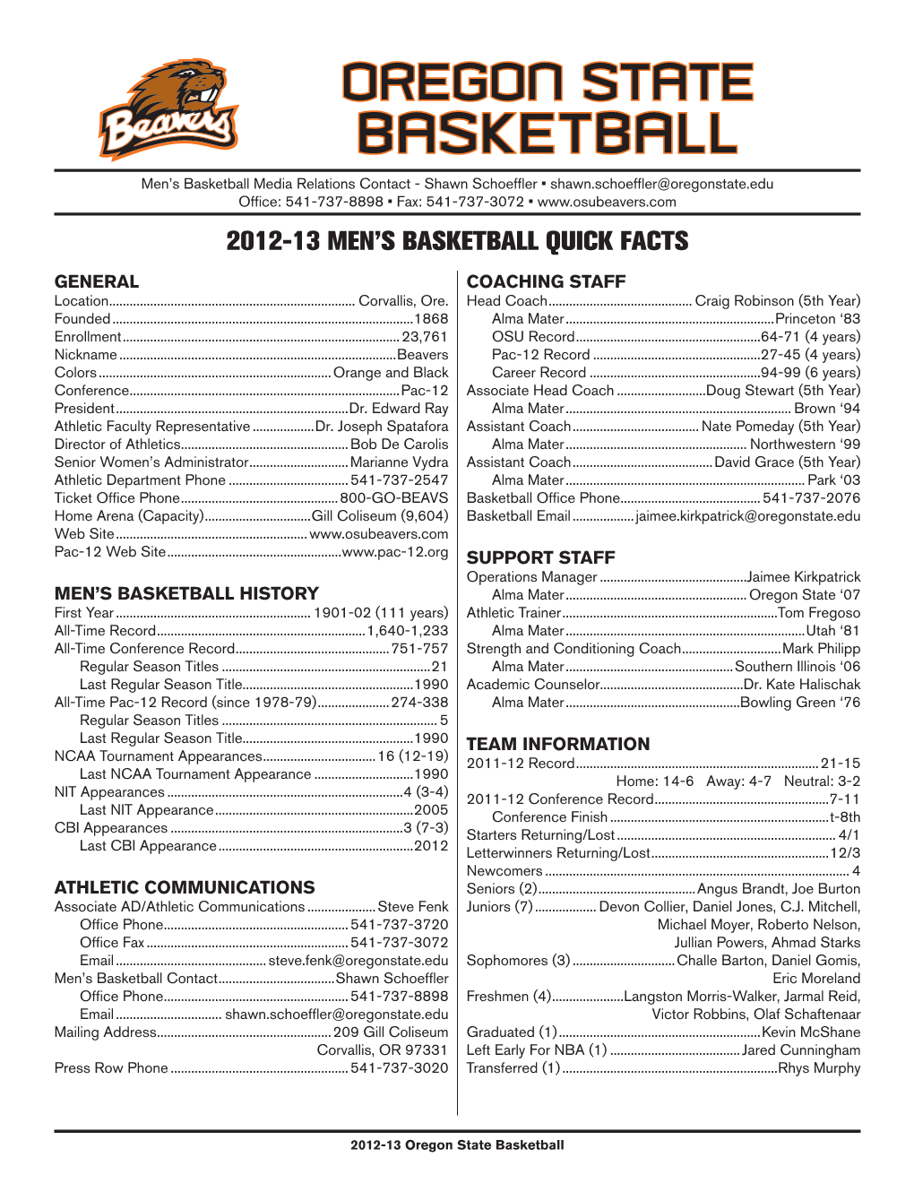 2012-13 Oregon State MBB Quick Facts.Indd