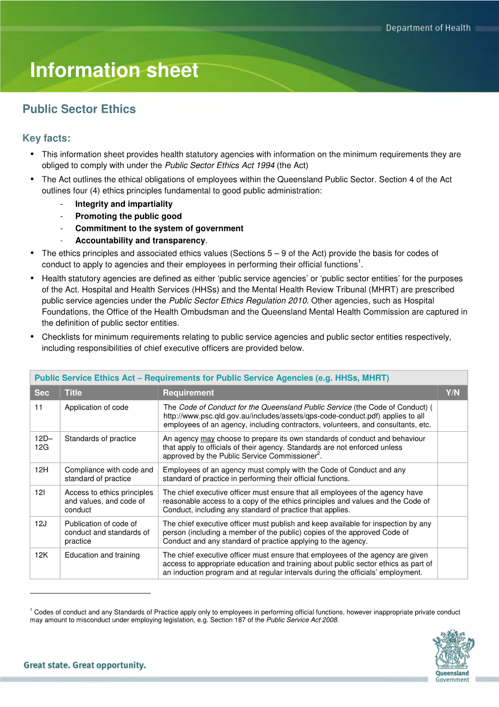 Public Sector Ethics Information Sheet (Health Statutory Agencies)
