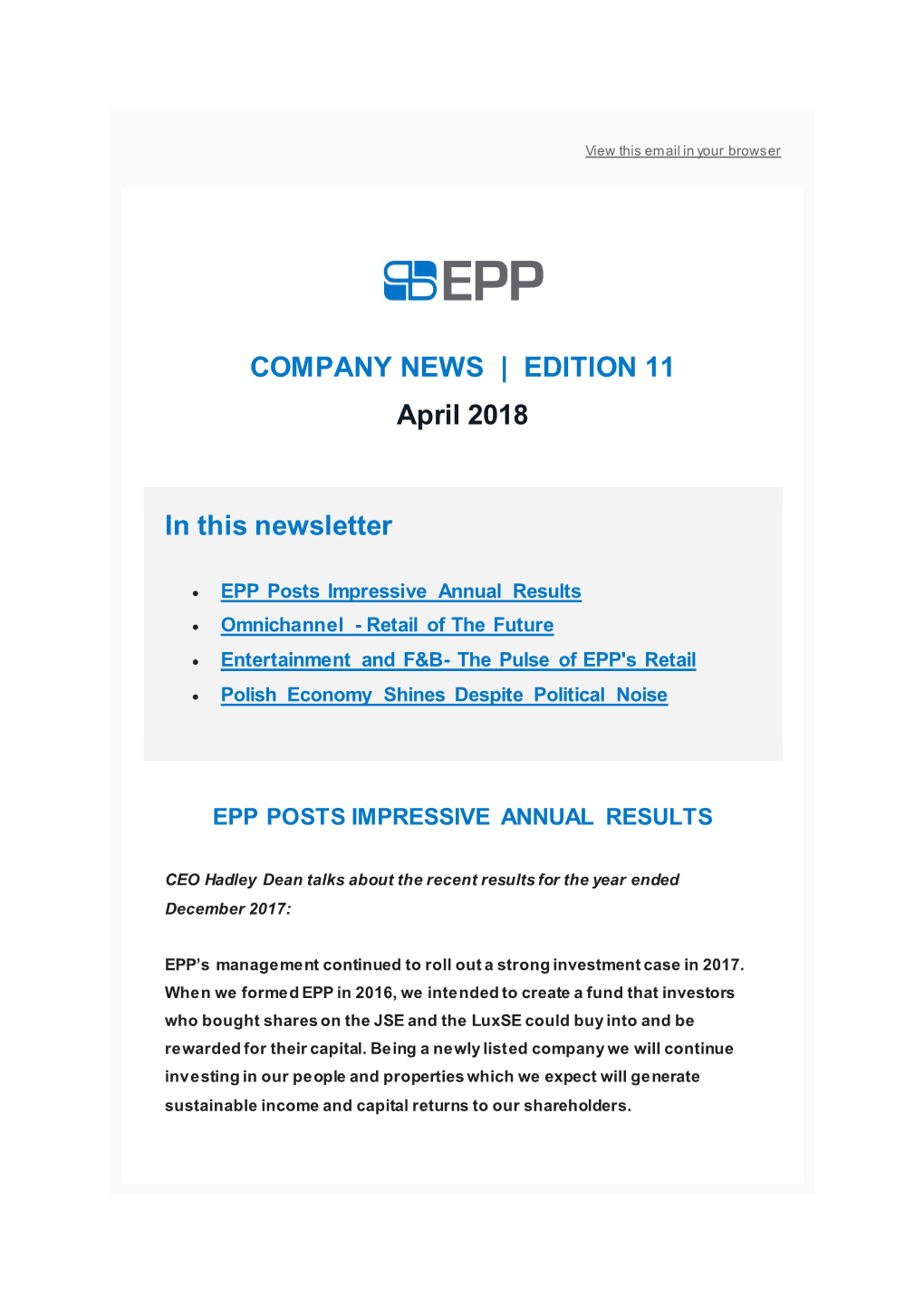 COMPANY NEWS | EDITION 11 April 2018 in This Newsletter