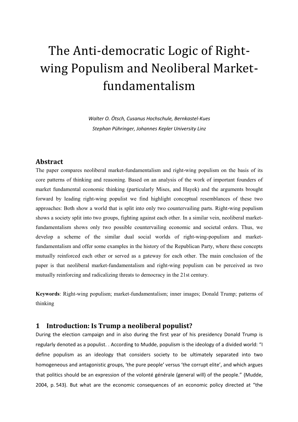 The Anti-Democratic Logic of Right- Wing Populism and Neoliberal Market