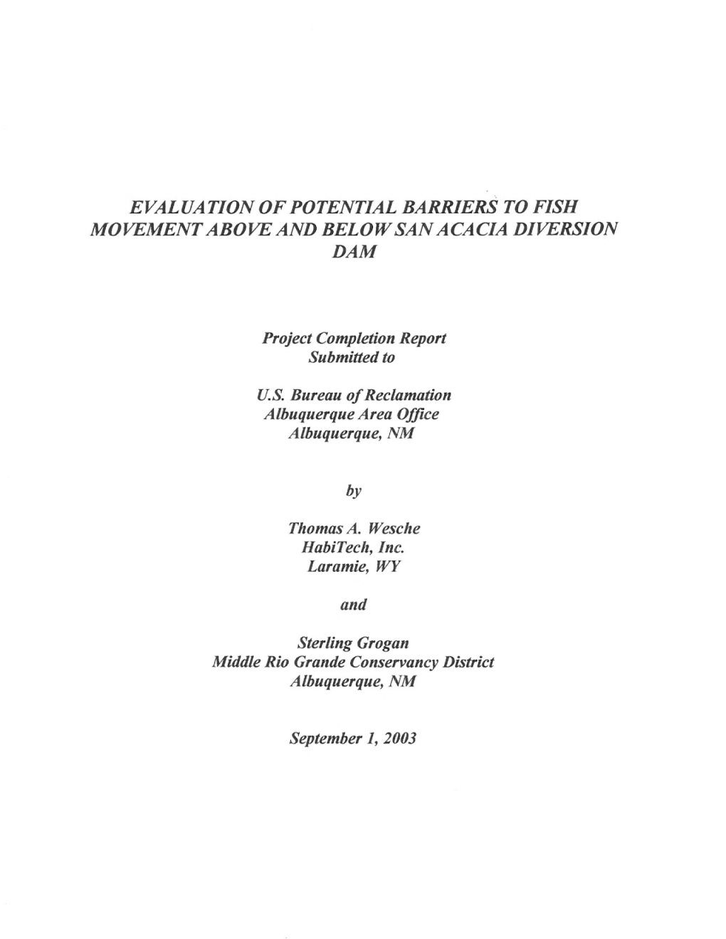 Evaluation of Potential Barriers to Fish Movement Above and Below San Acacia Diversion Dam