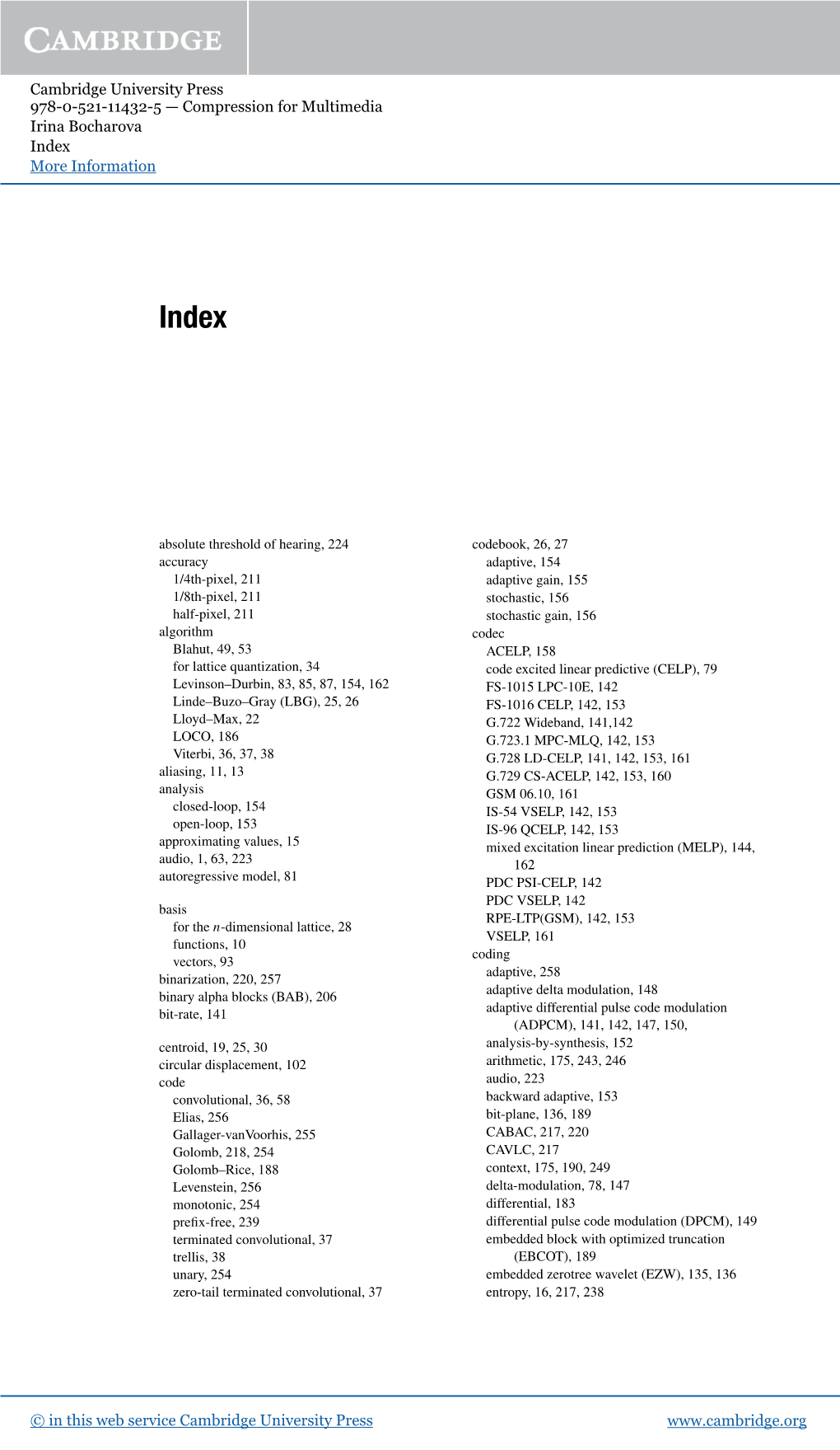 Cambridge University Press 978-0-521-11432-5 — Compression for Multimedia Irina Bocharova Index More Information