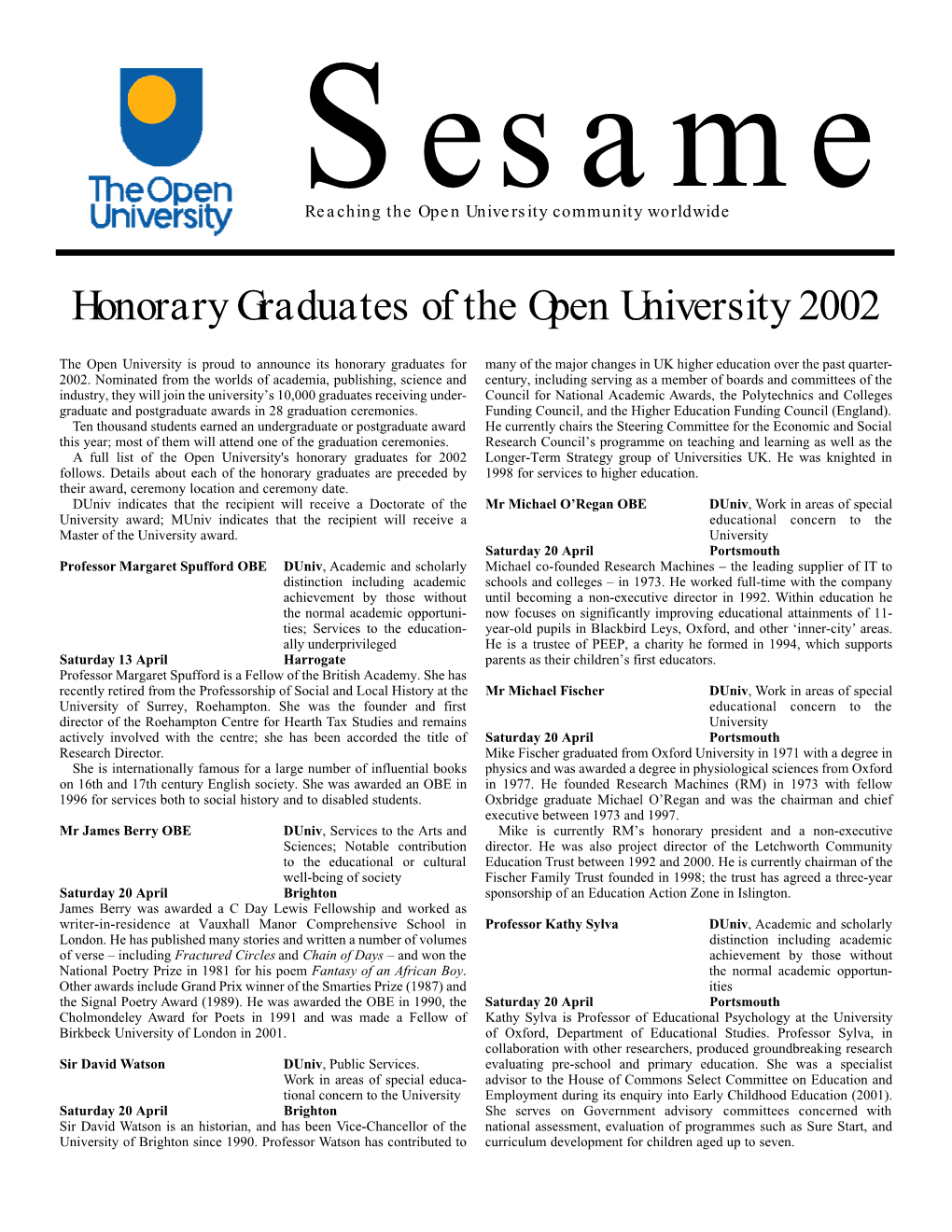 Honorary Graduates of the Open University 2002