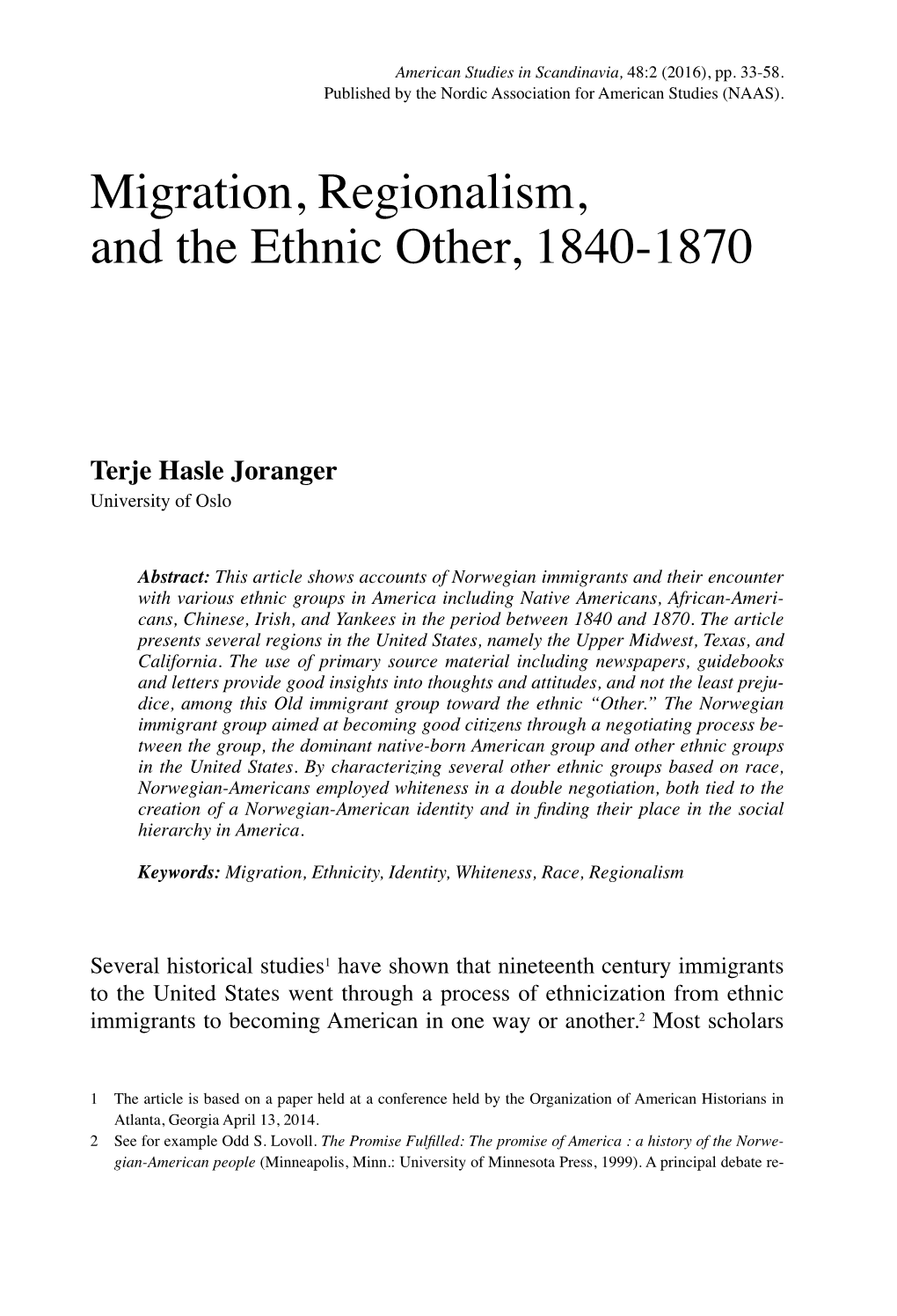 Migration, Regionalism, and the Ethnic Other, 1840-1870