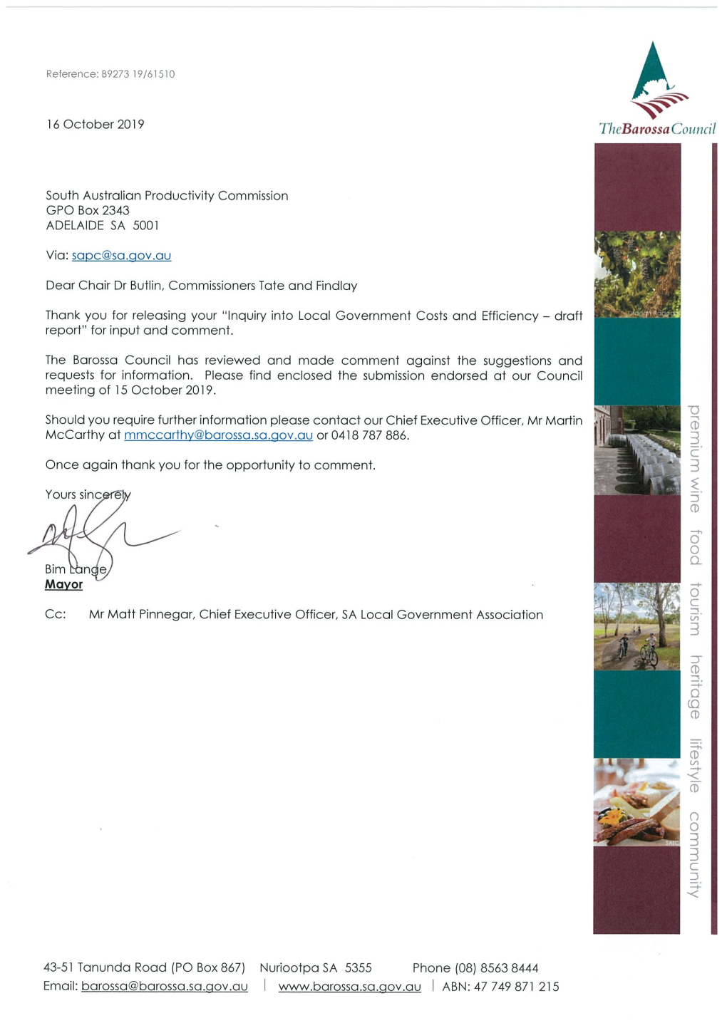 The Barossa Council Submission to the SA Productivity Commission Draft Report Into Local Government Utilising LGA Summary Analysis of Draft Recommendations