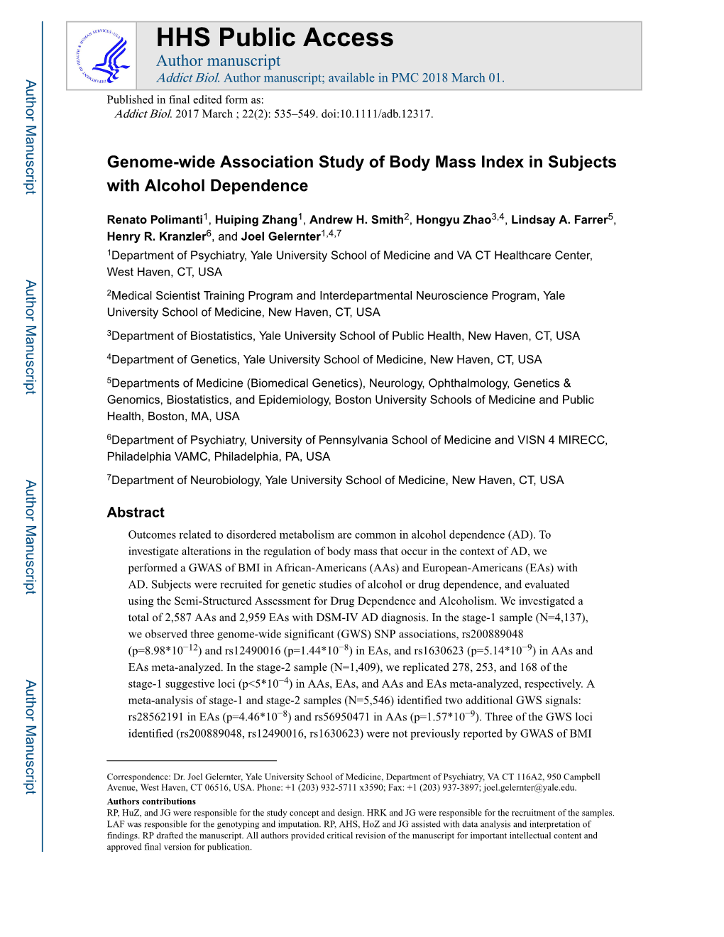 Genome-Wide Association Study of Body Mass Index in Subjects with Alcohol Dependence