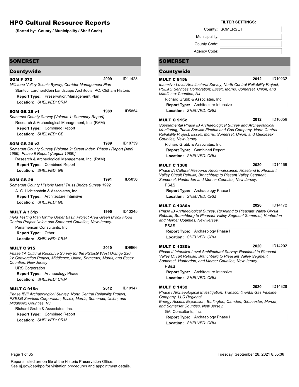 HPO Cultural Resource Reports FILTER SETTINGS: (Sorted By: County / Municipality / Shelf Code) County:: SOMERSET Municipallity: County Code: Agency Code