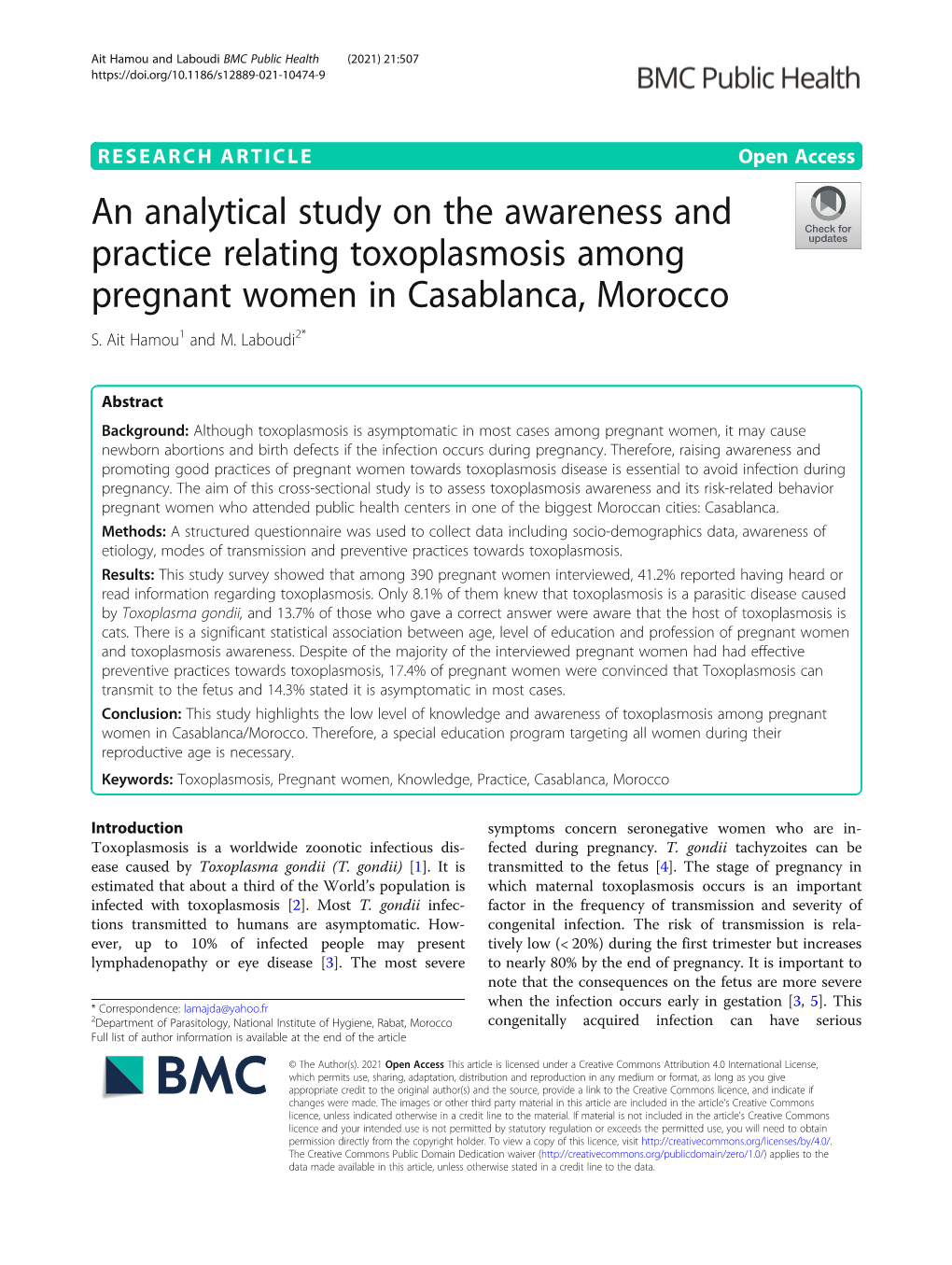 An Analytical Study on the Awareness and Practice Relating Toxoplasmosis Among Pregnant Women in Casablanca, Morocco S