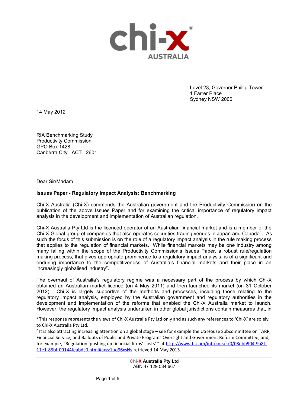 Submission 13 - Chi-X Australia Pty Ltd - Regulatory Impact Analysis: Benchmarking