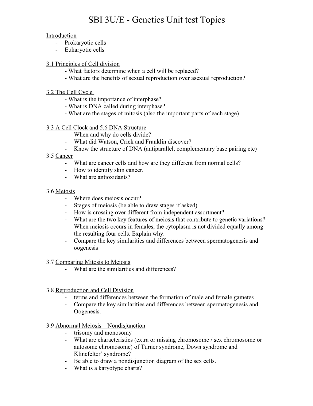 SBI 3U/E - Genetics Unit Test Topics