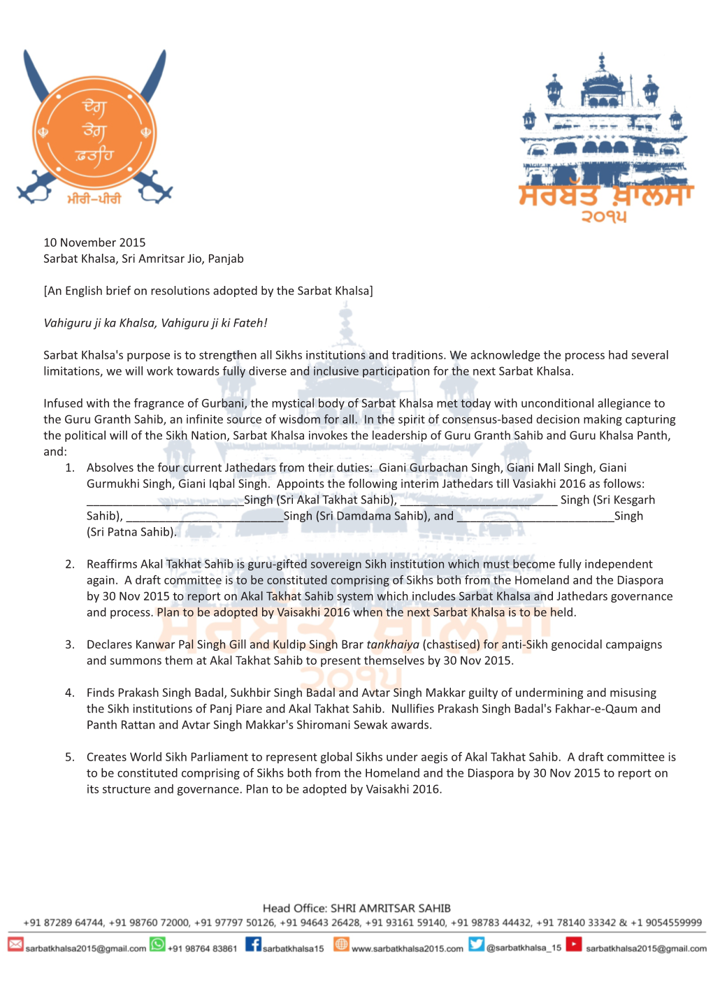 An English Brief on Resolutions Adopted by the Sarbat Khalsa]