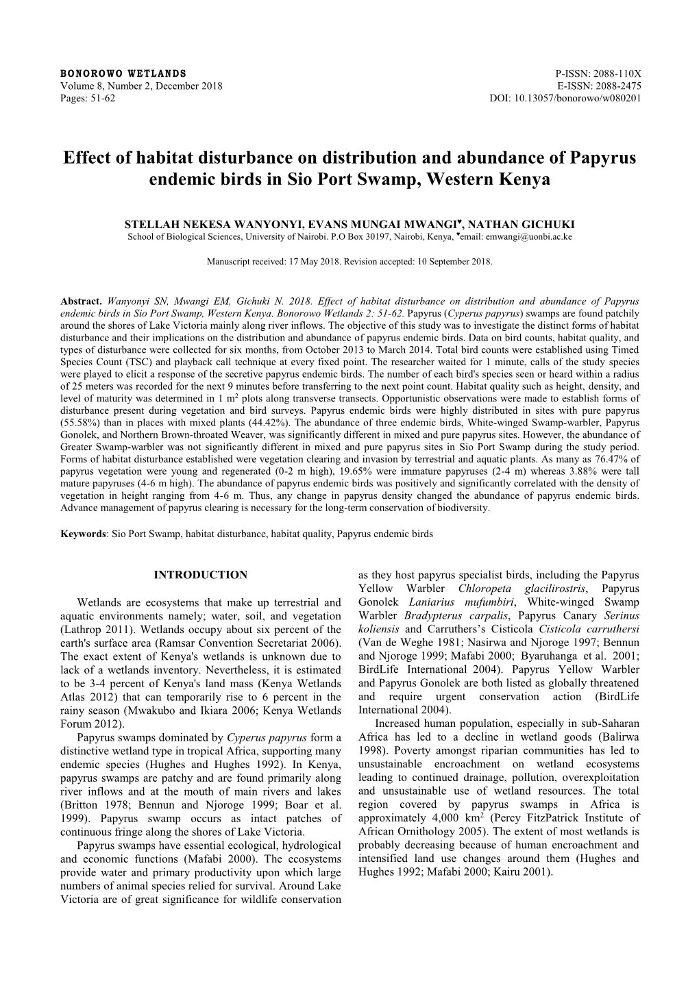 Effect of Habitat Disturbance on Distribution and Abundance of Papyrus Endemic Birds in Sio Port Swamp, Western Kenya