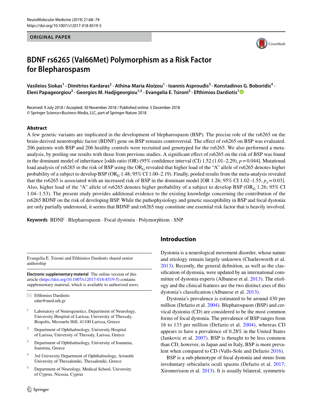 BDNF Rs6265 (Val66met) Polymorphism As a Risk Factor for Blepharospasm