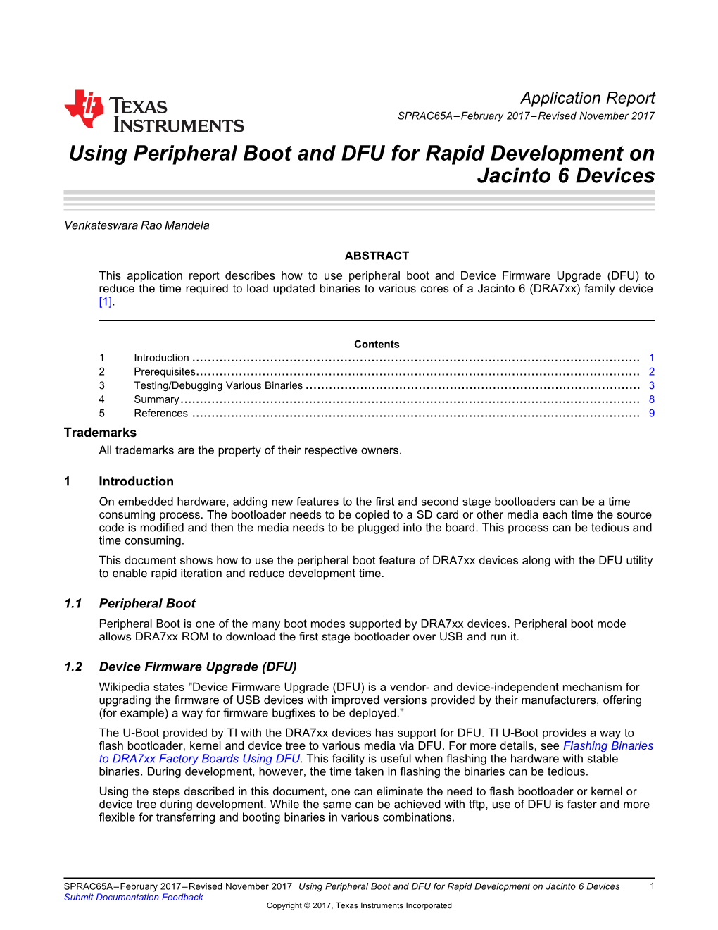 Using Peripheral Boot and DFU for Rapid Development on Jacinto 6 Devices (Rev. A)