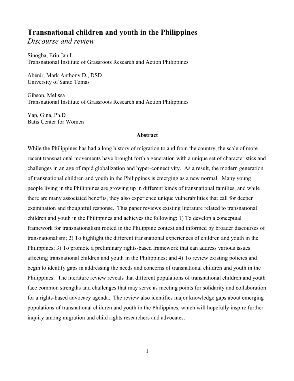 Transnational Children and Youth in the Philippines Discourse and Review