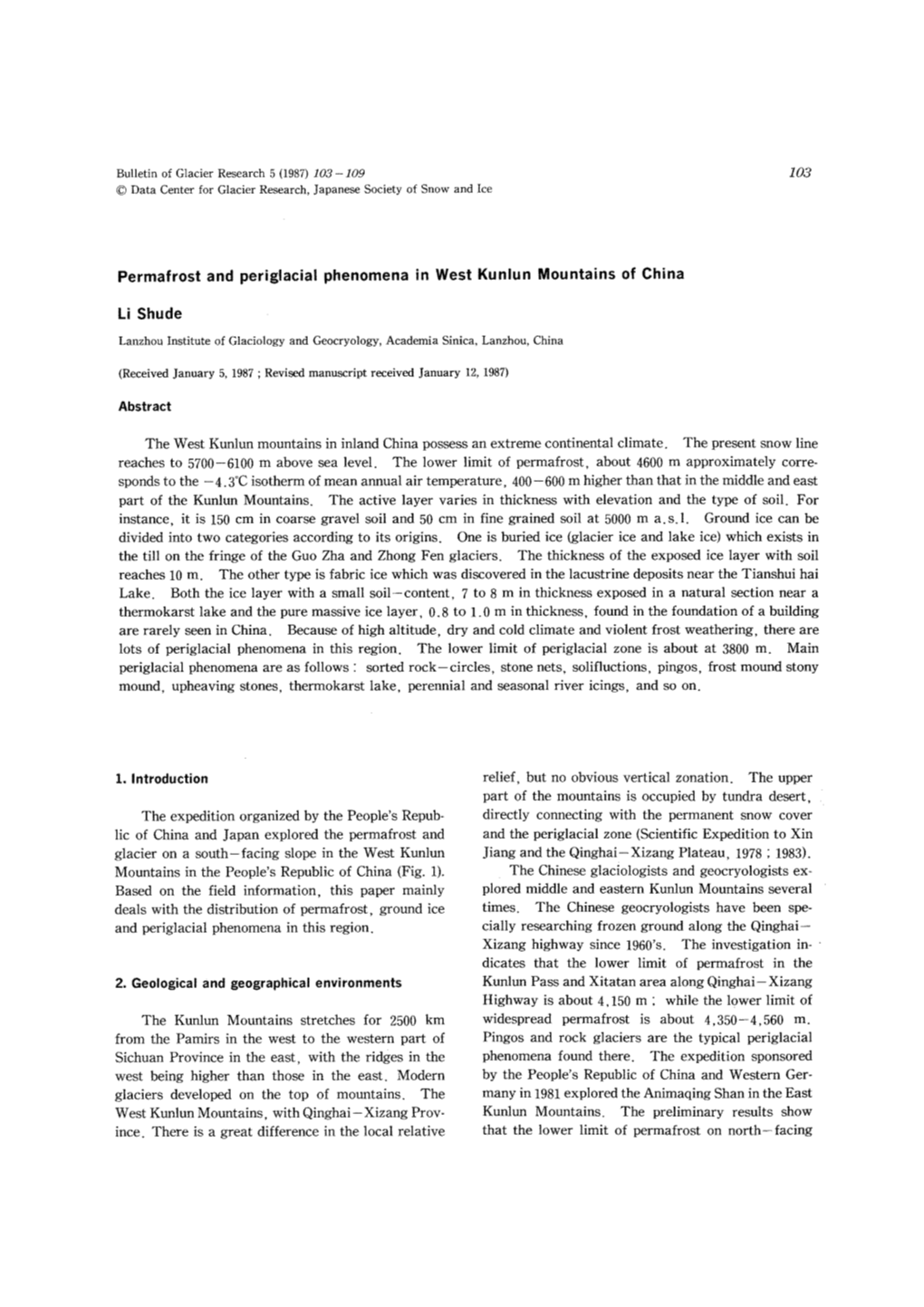 Permafrost and Periglacial Phenomena in West Kunlun Mountains Of