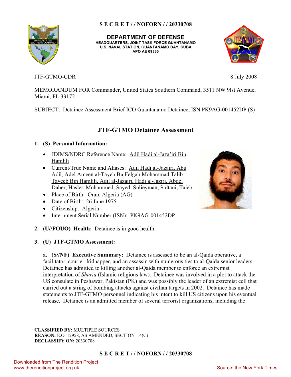 Detainee Assessment Brief ICO Guantanamo Detainee, ISN PK9AG-001452DP (S)