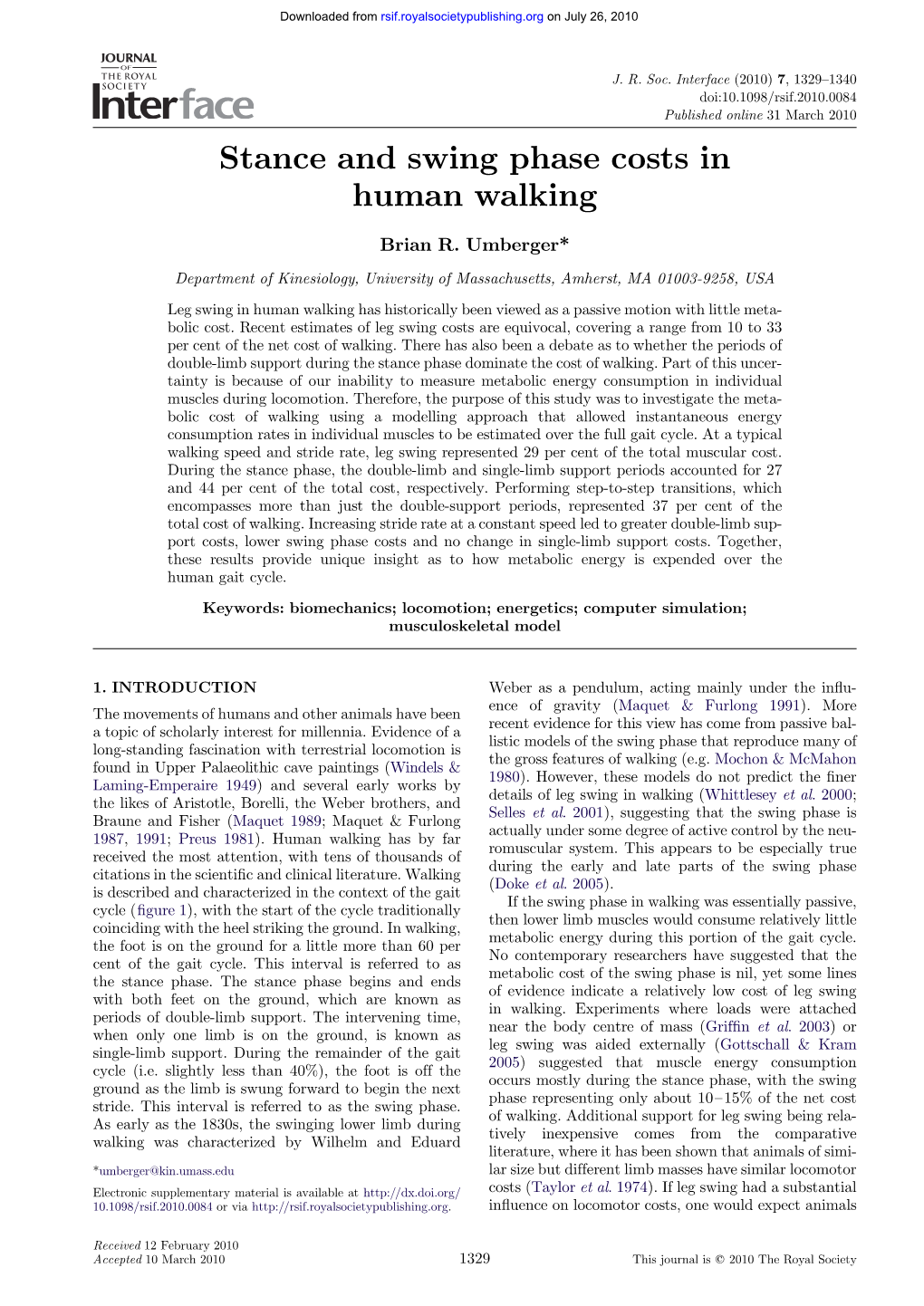 Stance and Swing Phase Costs in Human Walking