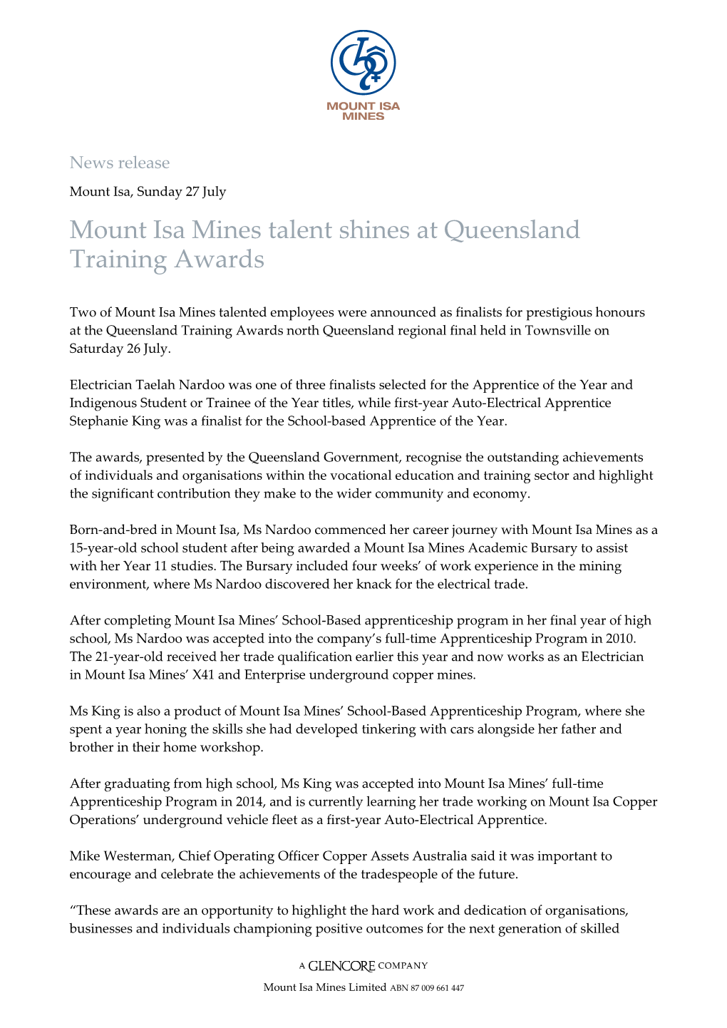 Mount Isa Mines Talent Shines at Queensland Training Awards