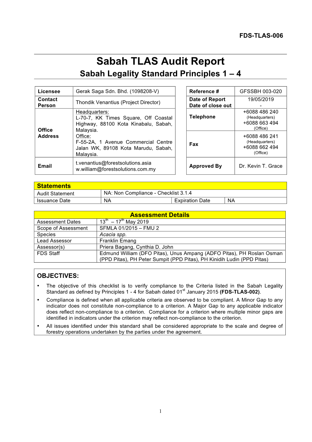 Sabah TLAS Audit Report Sabah Legality Standard Principles 1 – 4