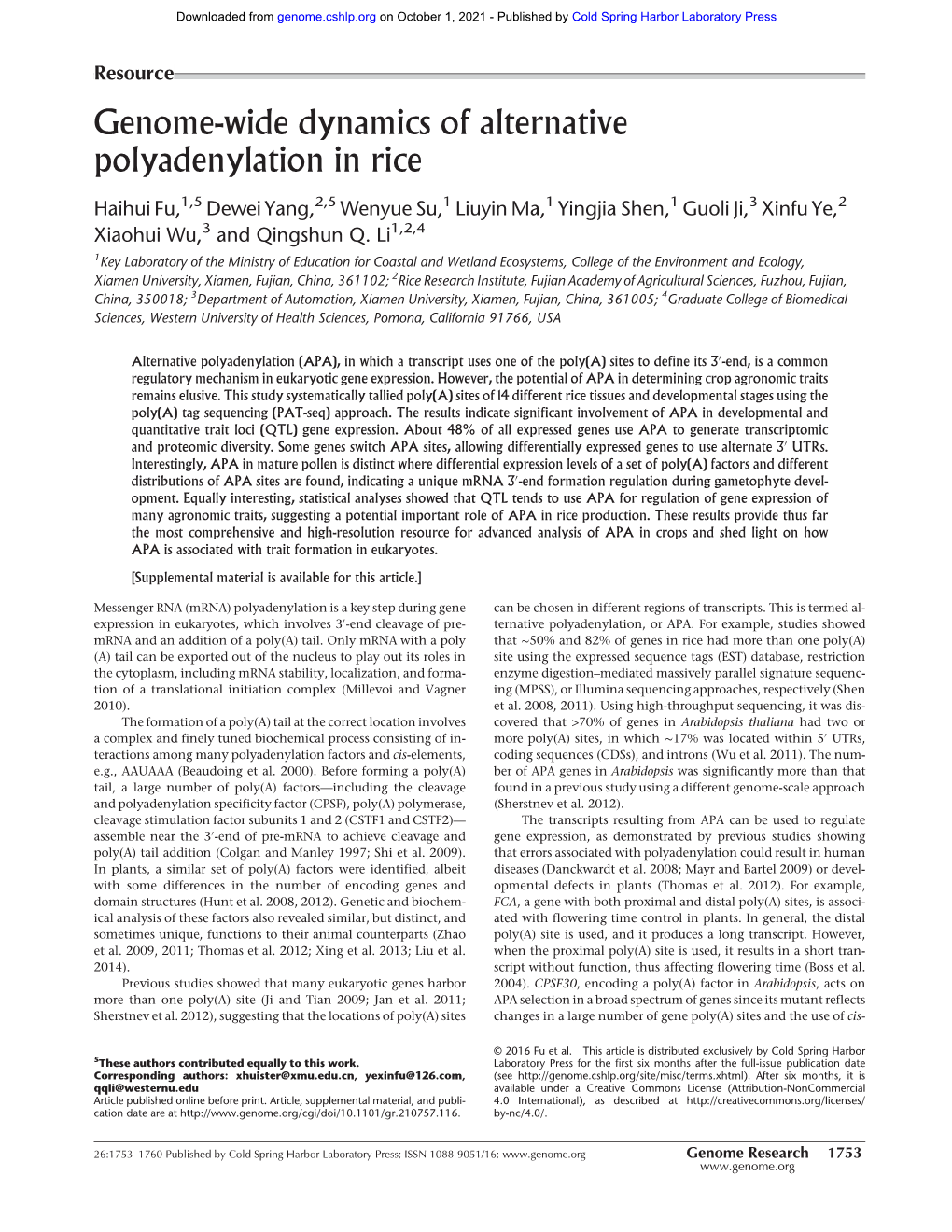 Genome-Wide Dynamics of Alternative Polyadenylation in Rice