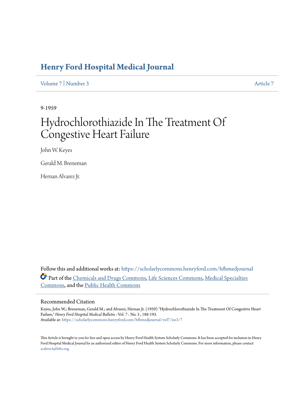 Hydrochlorothiazide in the Treatment of Congestive Heart Failure John W