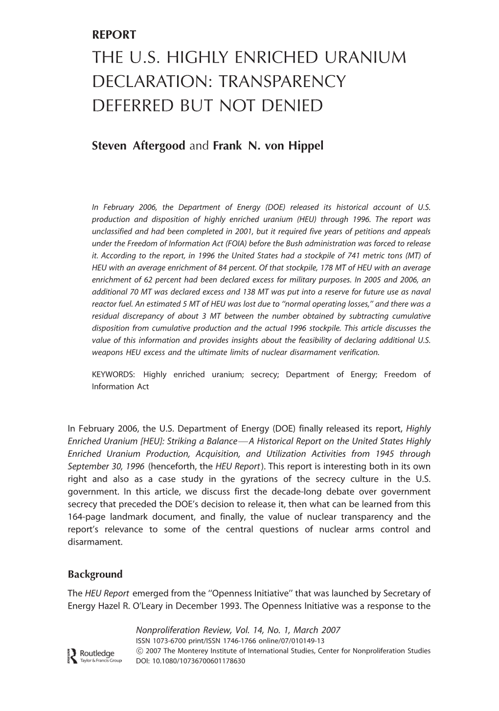 NPR 14.1: the US Highly Enriched Uranium Declaration