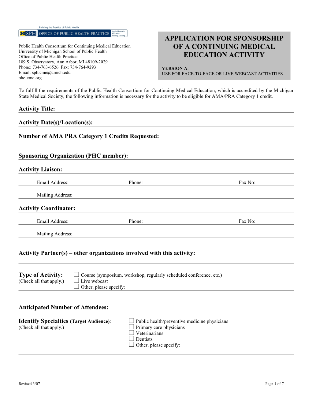 Application For Continuing Medical Education Activity